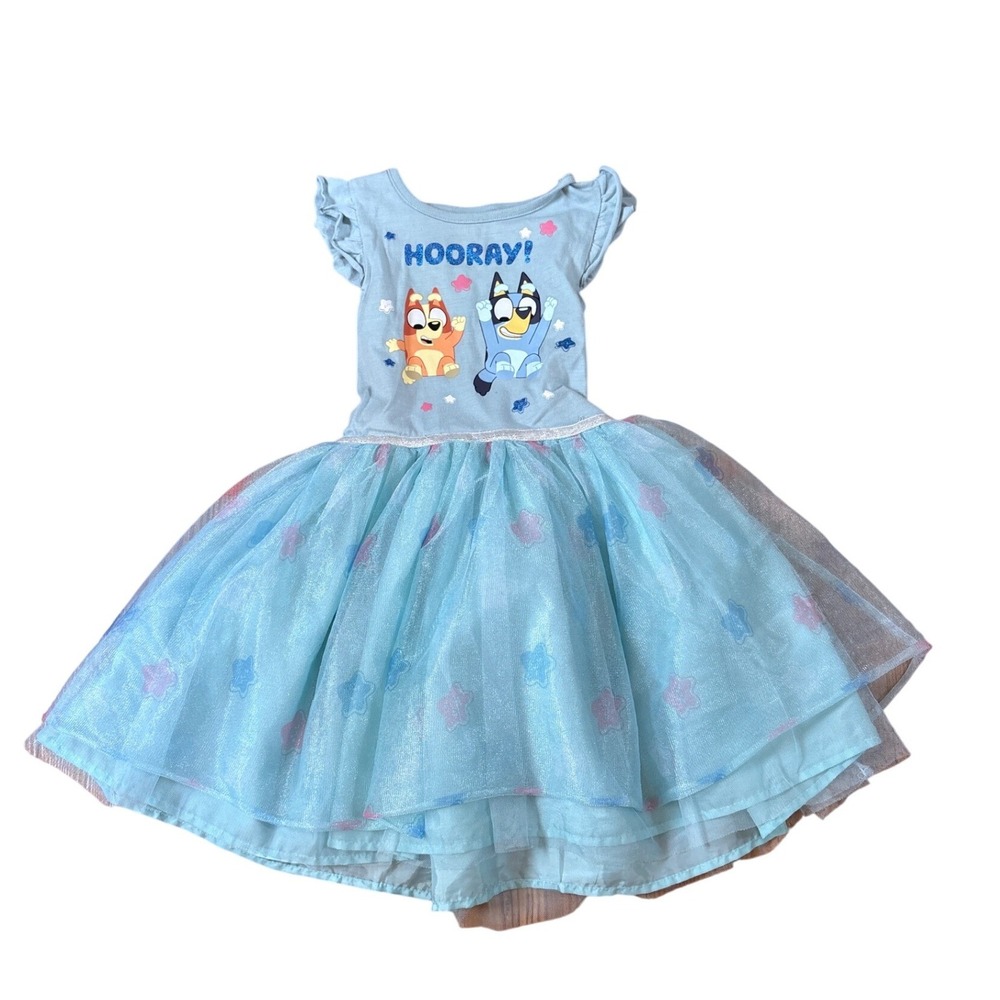 Bluey Tutu Dress Kids Blue Short Sleeve Glitter Star Graphic SIZE 6